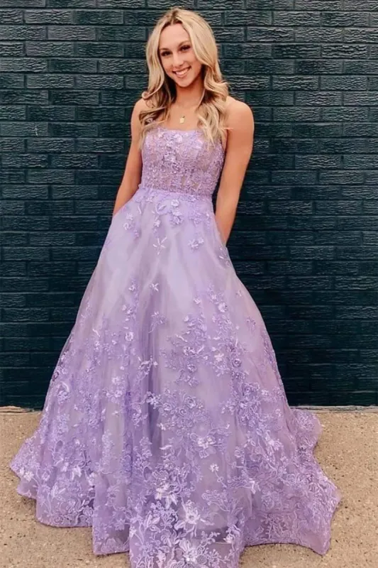 Floral Long Violet Purple Lace Prom Dresses Lilac Formal Evening Dresses Pockets sold by My Chic Dress