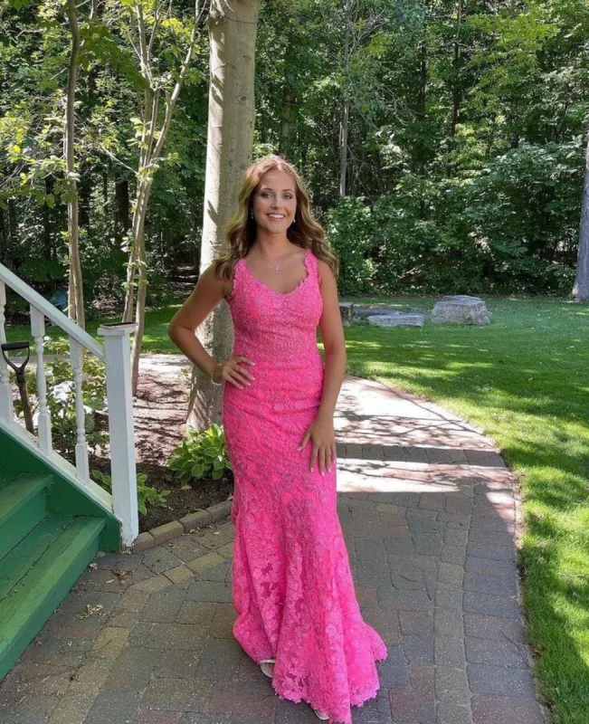 Hot Pink Long Lace Prom Dress Mermaid Formal Evening Dress Sleeveless sold by My Chic Dress
