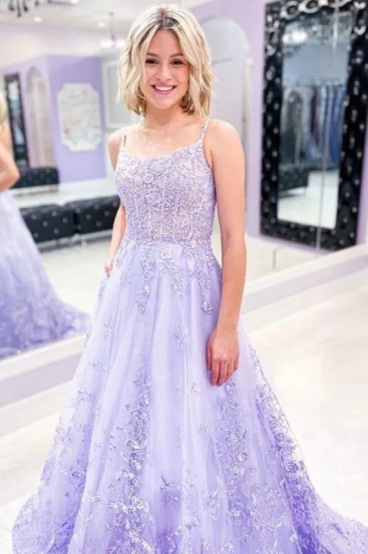 Hot Lace Long Violet Prom Dresses Floral Lavender Formal Dresses 3D Flowers sold by My Chic Dress