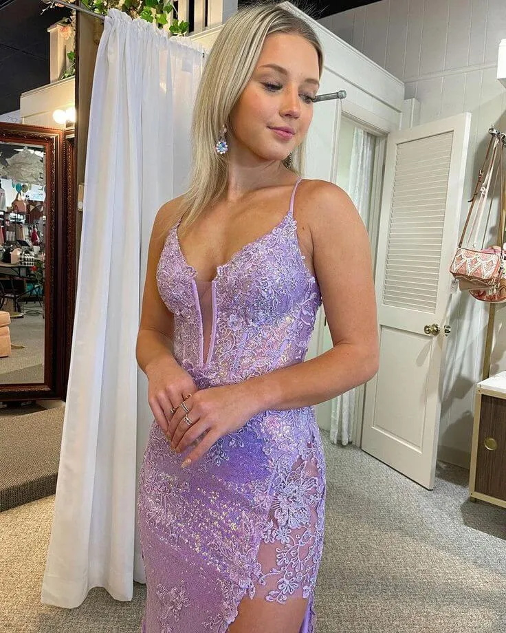 Pretty Mermaid Lavender Sequins V Neck Prom Dresses Lace With Applique sold by My Chic Dress product image thumbnail 3