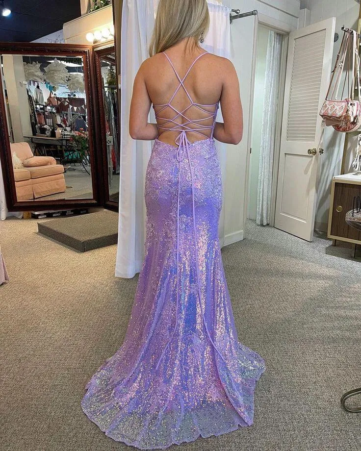 Pretty Mermaid Lavender Sequins V Neck Prom Dresses Lace With Applique sold by My Chic Dress product image thumbnail 2
