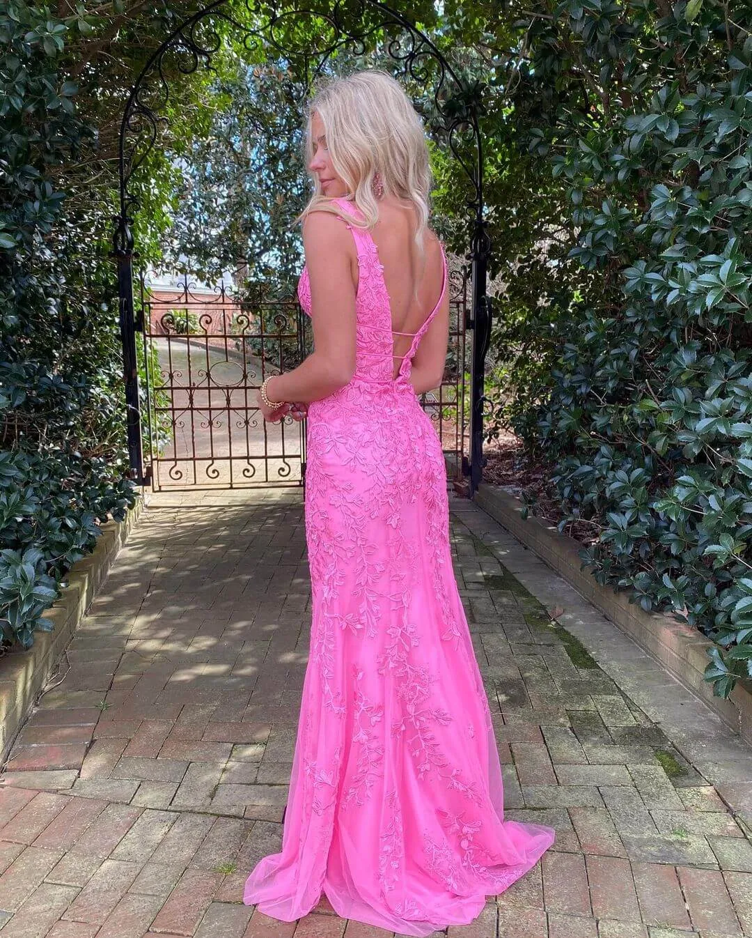 Hot Pink Lace Long Prom Dresses Mermaid V Neck Sexy Evening Dress UK sold by My Chic Dress product image thumbnail 3