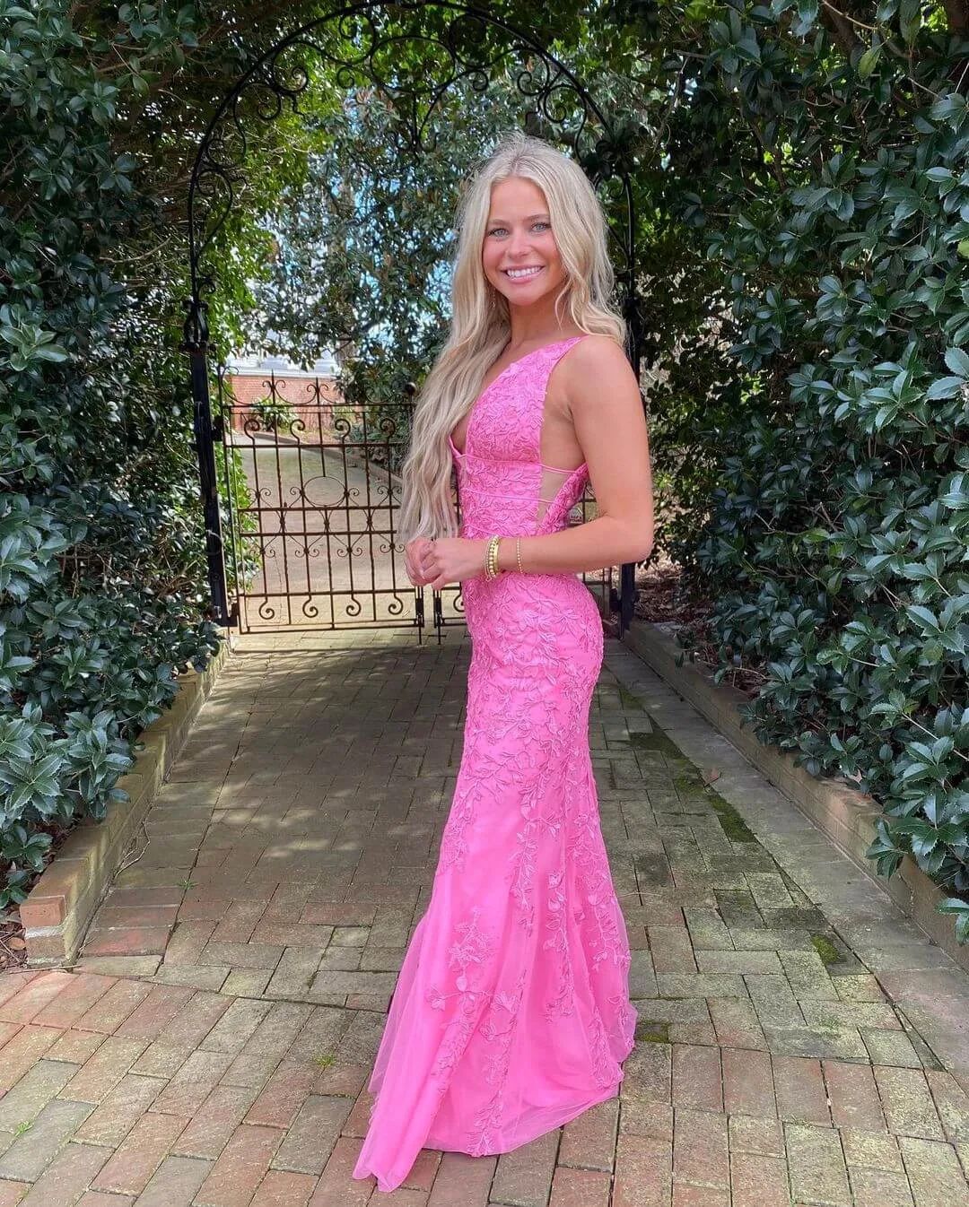 Hot Pink Lace Long Prom Dresses Mermaid V Neck Sexy Evening Dress UK sold by My Chic Dress product image thumbnail 2