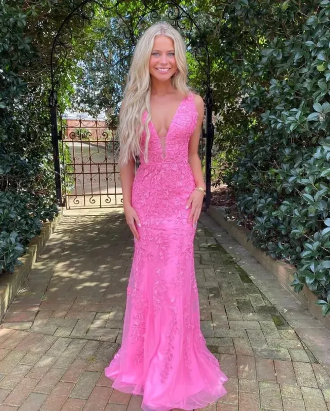 Hot Pink Lace Long Prom Dresses Mermaid V Neck Sexy Evening Dress UK sold by My Chic Dress