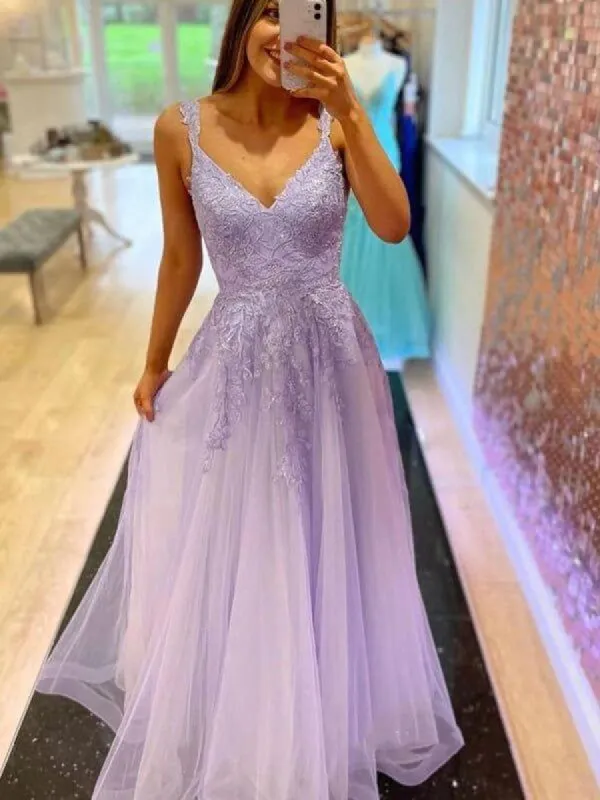 Cheap V Neck Lilac Lace Formal Dresses A Line Purple Long Prom Dresses sold by My Chic Dress