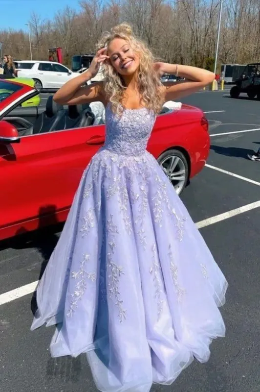 Pretty Lavender Lace Long Prom Dresses Appliqued Cross Back UK Formal Dress sold by My Chic Dress