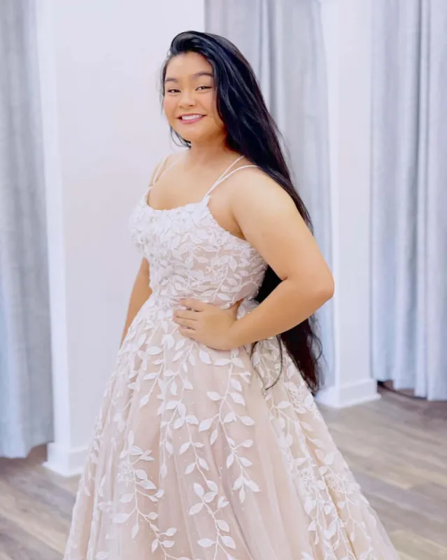 Cheap Plus Size Champagne Prom Dress Lace Long Evening Dress With Appliques sold by My Chic Dress