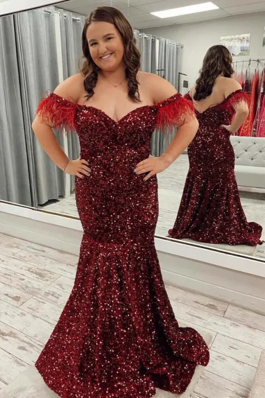 Burgundy Sequin Plus Size Prom Dresses Mermaid Feather sold by My Chic Dress