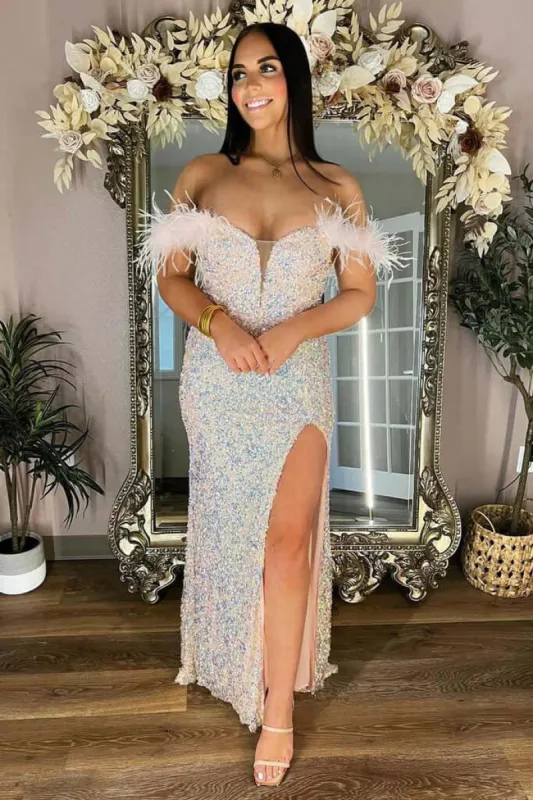 Off the Shoulder Plus Size Prom Dresses Iridescent Sequin Feathers with Slit sold by My Chic Dress