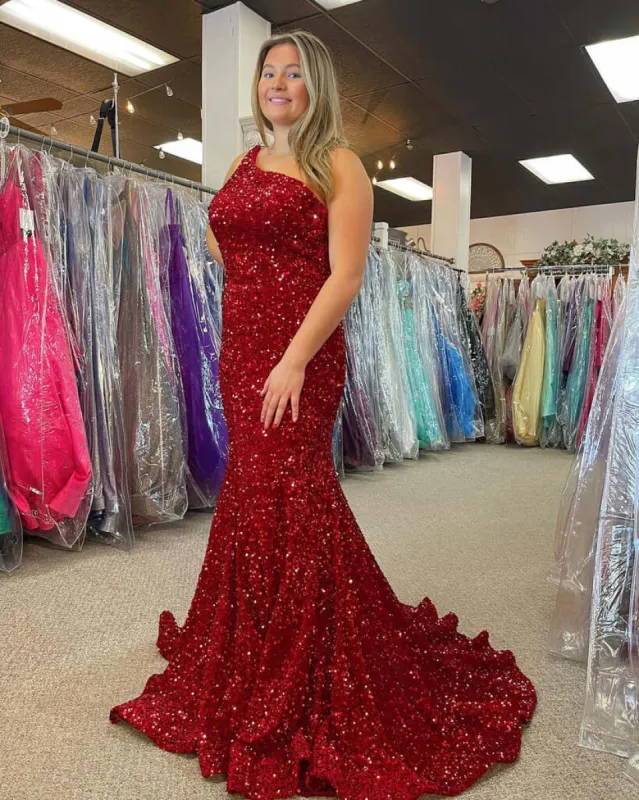 Red Plus Size Sequin Iridescent Prom Dresses One Shoulder Long Formal Dress Mermaid sold by My Chic Dress