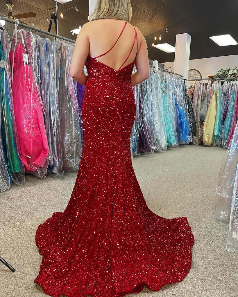 Red Plus Size Sequin Iridescent Prom Dresses One Shoulder Long Formal Dress Mermaid sold by My Chic Dress product image thumbnail 2