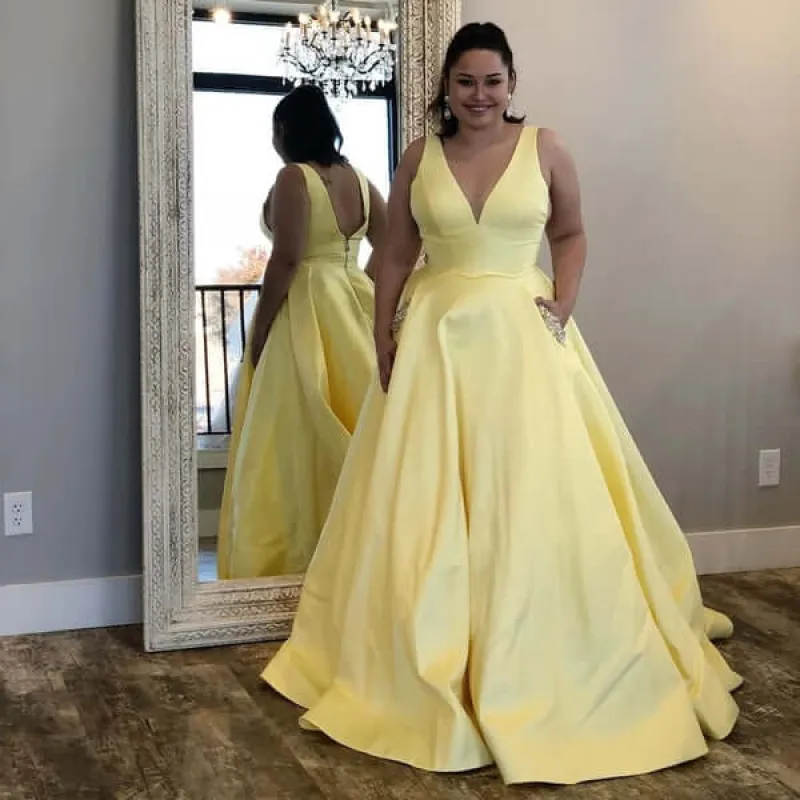 A Line 2025 Plus Size Yellow Satin Prom Dresses V-Neck with Beading Pockets sold by My Chic Dress