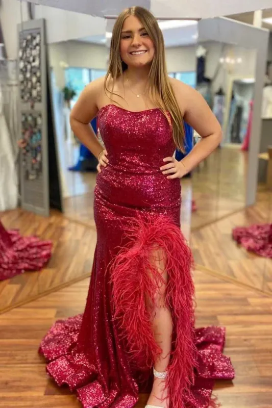 Red Plus Size Sequin Long Prom Dresses Mermaid Strapless Slit with Feather sold by My Chic Dress