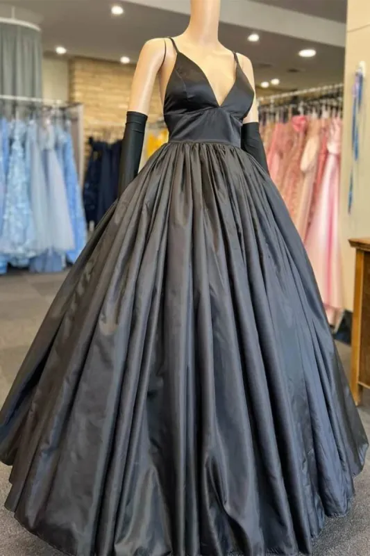 A Line V Neck Black Prom Dresses with Pocket Long Satin Formal Graduation Dress sold by My Chic Dress