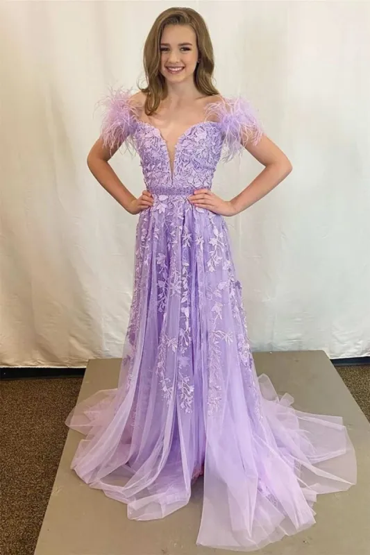 Off Shoulder Lace Prom Dresses Long V Neck Formal Dress with Feathers sold by My Chic Dress