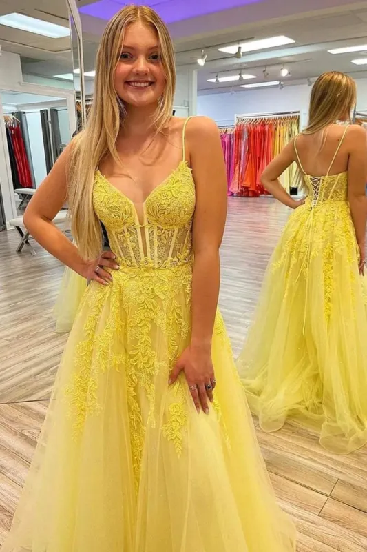 2025 A Line Yellow Lace Long Prom Dress V Neck Open Back UK Evening Dress Cheap sold by My Chic Dress