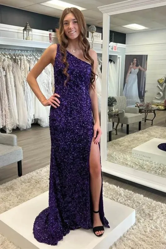 Cheap Mermaid 2025 One Shoulder Prom Dresses Purple Sequins Long Formal Wears sold by My Chic Dress