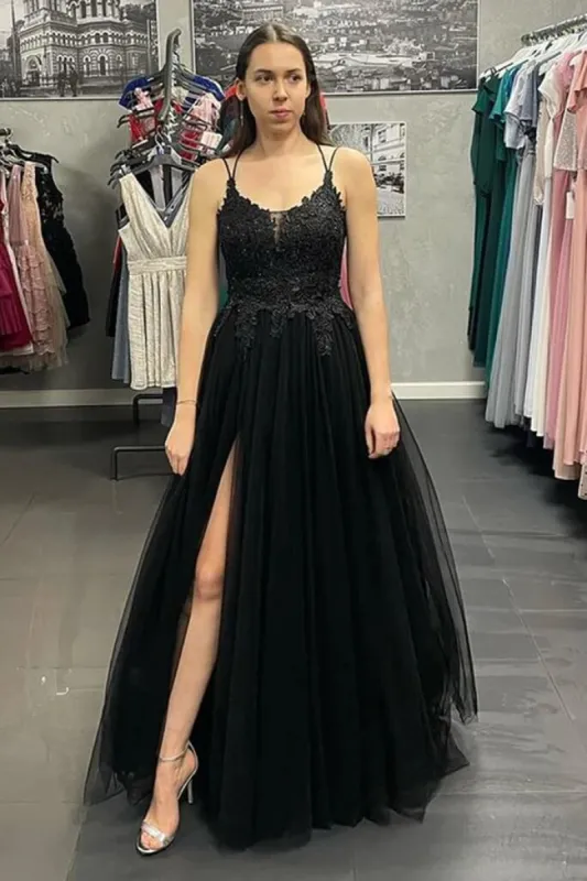 Cheap Black Lace Long Prom Dress V Neck Backless Tulle Formal Dress with Slit sold by My Chic Dress