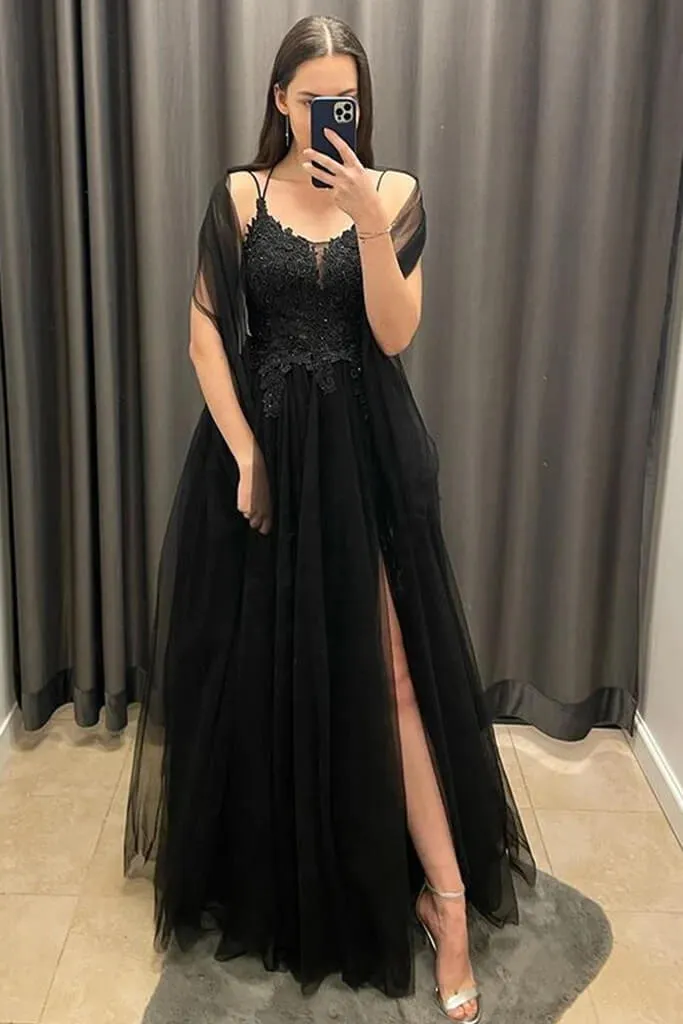 Cheap Black Lace Long Prom Dress V Neck Backless Tulle Formal Dress with Slit sold by My Chic Dress product image thumbnail 3