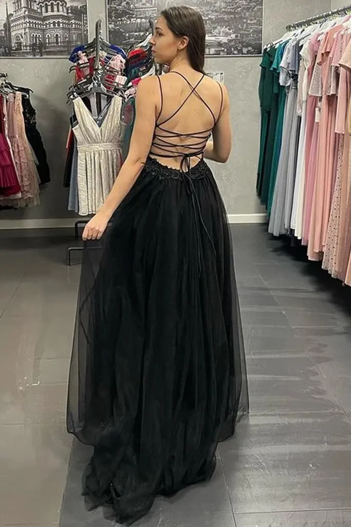 Cheap Black Lace Long Prom Dress V Neck Backless Tulle Formal Dress with Slit sold by My Chic Dress product image thumbnail 2