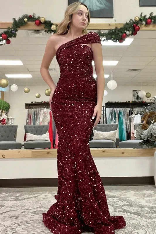 Burgundy Sequin One Shoulder Prom Dresses 2025 Mermaid Long Formal Dress sold by My Chic Dress