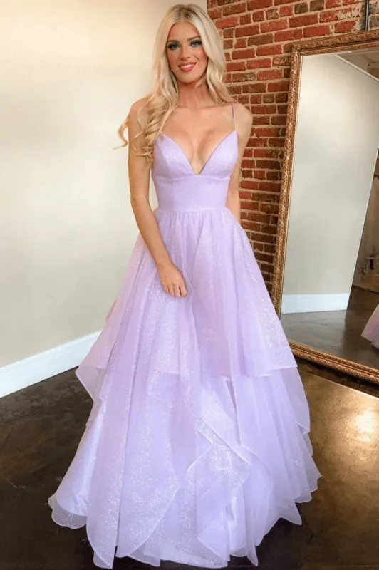 Glitter Purple Tulle Long Prom Dress Unique V-Neck A-Line Evening Formal Dresses sold by My Chic Dress