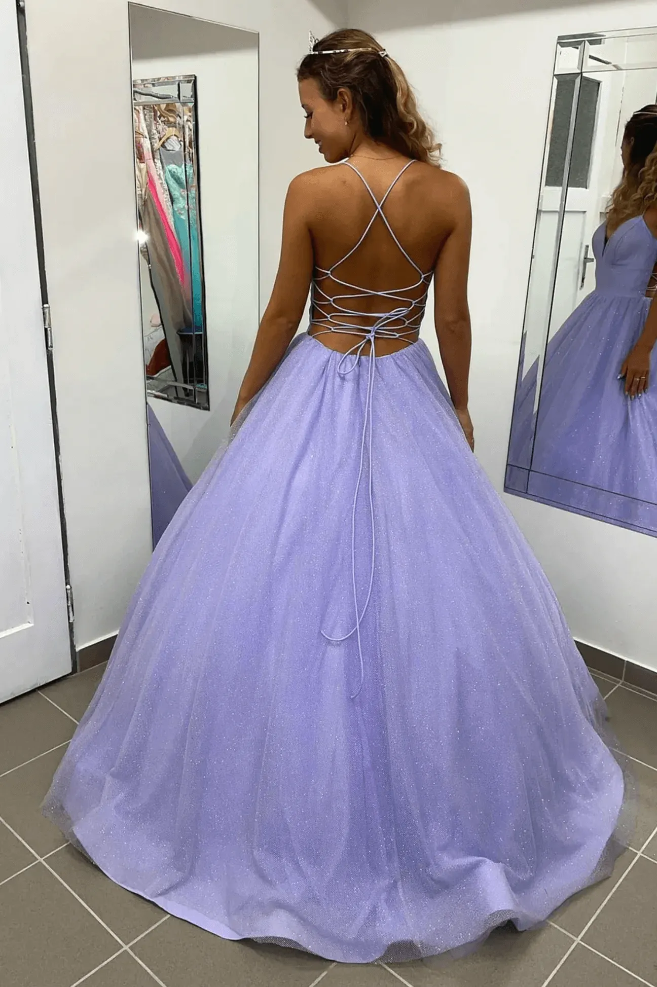 A-Line Purple Tulle Long Prom Dresses 2025 Spaghetti Straps Backless Evening Dress sold by My Chic Dress product image thumbnail 4