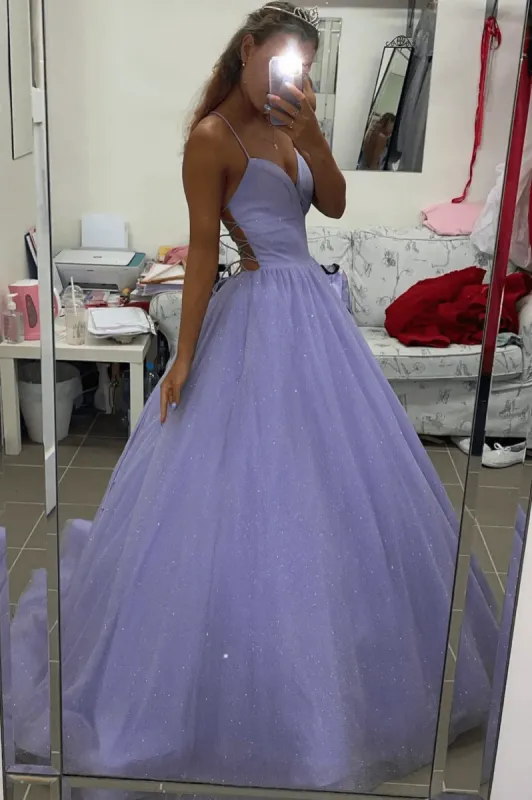 A-Line Purple Tulle Long Prom Dresses 2025 Spaghetti Straps Backless Evening Dress sold by My Chic Dress