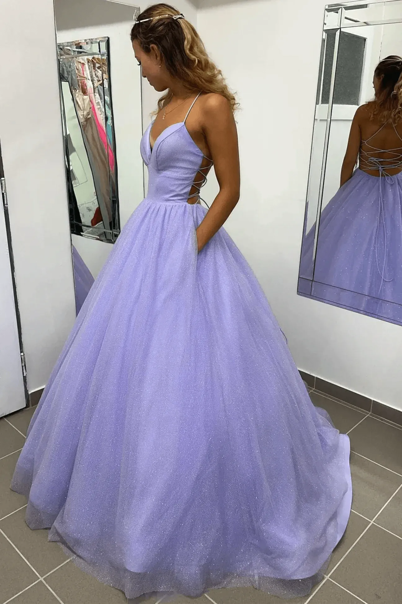 A-Line Purple Tulle Long Prom Dresses 2025 Spaghetti Straps Backless Evening Dress sold by My Chic Dress product image thumbnail 3
