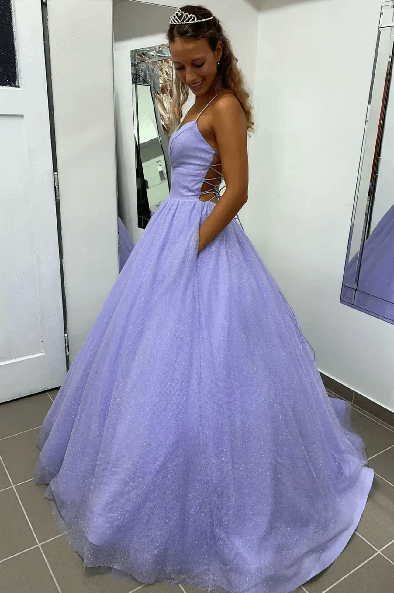 A-Line Purple Tulle Long Prom Dresses 2025 Spaghetti Straps Backless Evening Dress sold by My Chic Dress product image thumbnail 2
