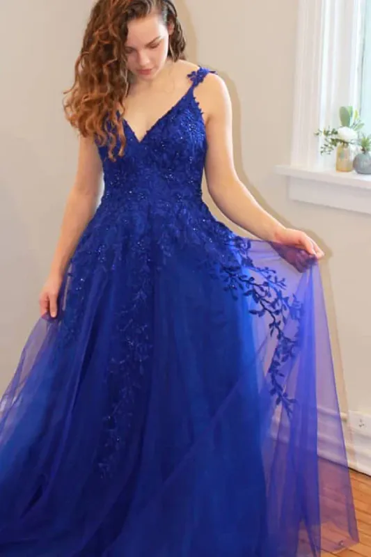 2025 Princess Long V Neck Dark Blue Prom Dress Lace Appliques Formal Gowns sold by My Chic Dress