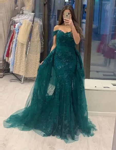 Off The Shoulder Prom Dresses Green Mermaid Lace Evening Dress Detachable Train sold by My Chic Dress