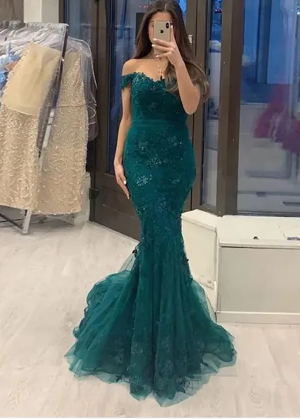 Off The Shoulder Prom Dresses Green Mermaid Lace Evening Dress Detachable Train sold by My Chic Dress product image thumbnail 2