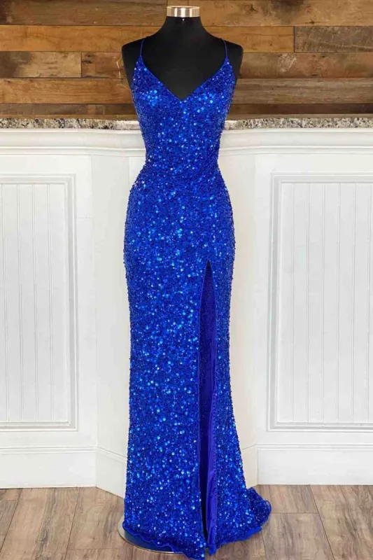 Simple Royal Blue Glitters Prom Dresses Long High Slit Party Formal Dress Lace-Up sold by My Chic Dress