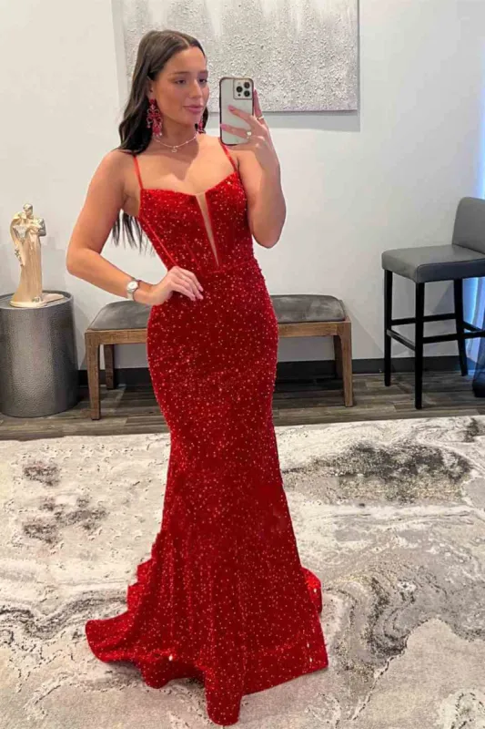 Cheap Red Sequins Mermaid Prom Dresses 2025 Straps Plunging Neck Formal Dress sold by My Chic Dress