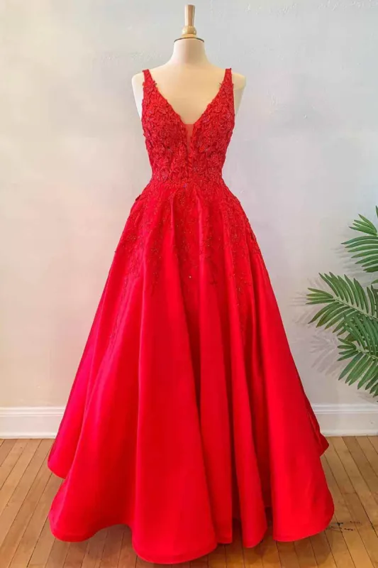 A-Line Floor Length Princess Red Long Formal Dresses Lace Floral V Neck sold by My Chic Dress