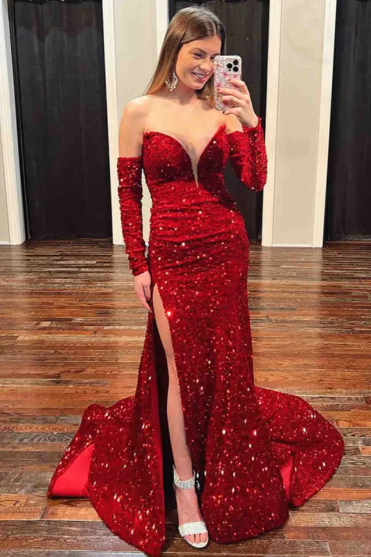 Unique Red Mermaid V Neck Prom Dresses Long Sleeves Sweetheart with Split sold by My Chic Dress