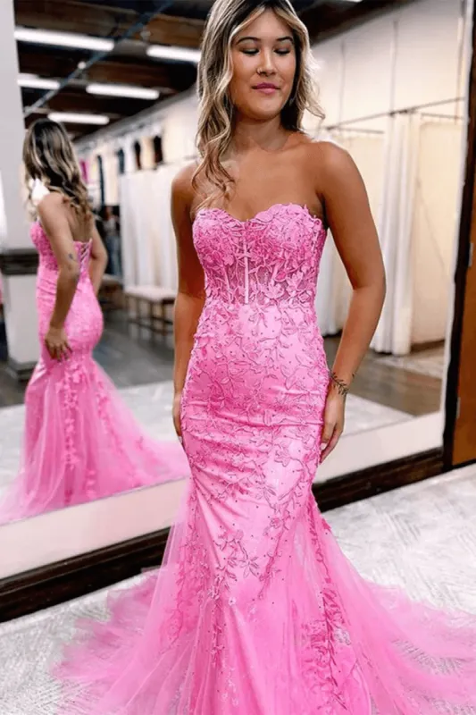 2025 Corset Pink Prom Dresses Mermaid Lace Long Beaded Formal Dresses Strapless sold by My Chic Dress