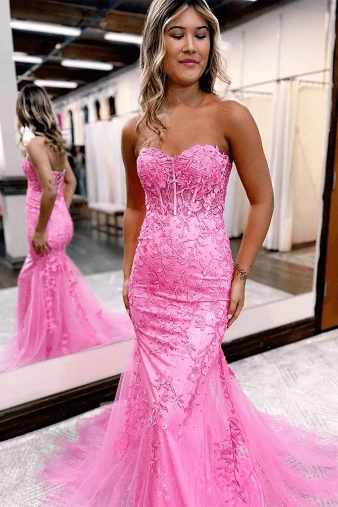 2025 Corset Pink Prom Dresses Mermaid Lace Long Beaded Formal Dresses Strapless sold by My Chic Dress