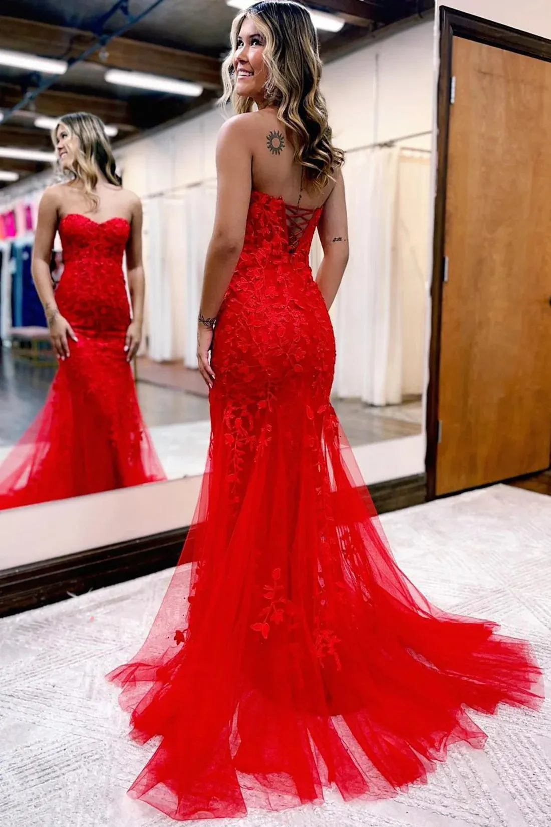 2025 Corset Pink Prom Dresses Mermaid Lace Long Beaded Formal Dresses Strapless sold by My Chic Dress product image thumbnail 4