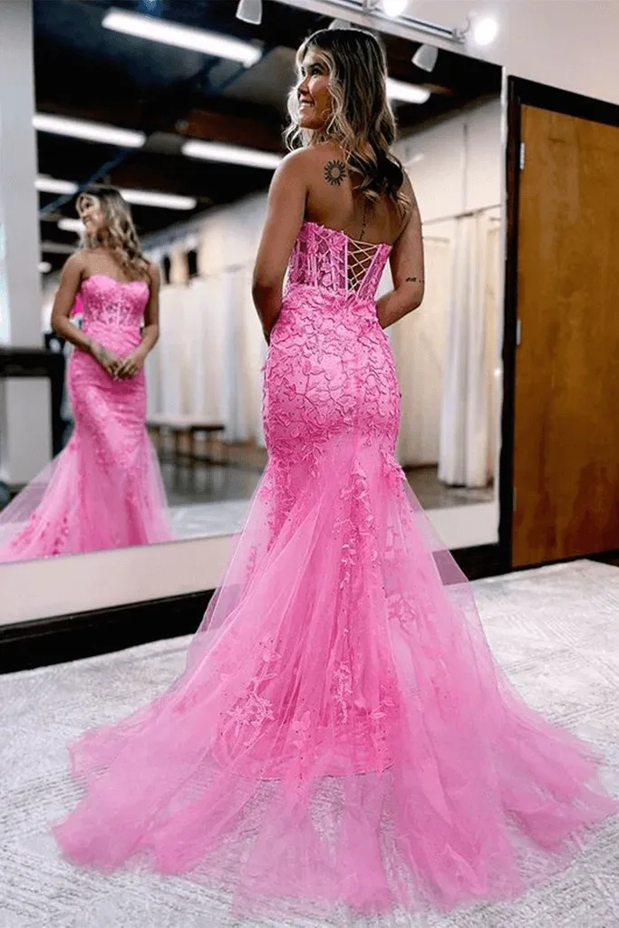 2025 Corset Pink Prom Dresses Mermaid Lace Long Beaded Formal Dresses Strapless sold by My Chic Dress product image thumbnail 2
