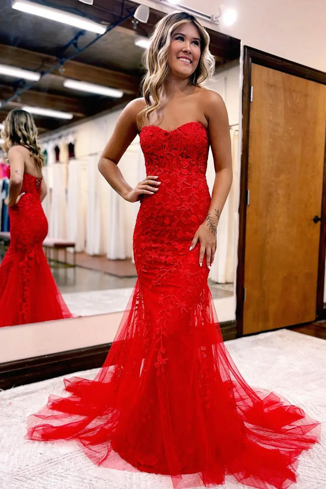 2025 Corset Pink Prom Dresses Mermaid Lace Long Beaded Formal Dresses Strapless sold by My Chic Dress product image thumbnail 3