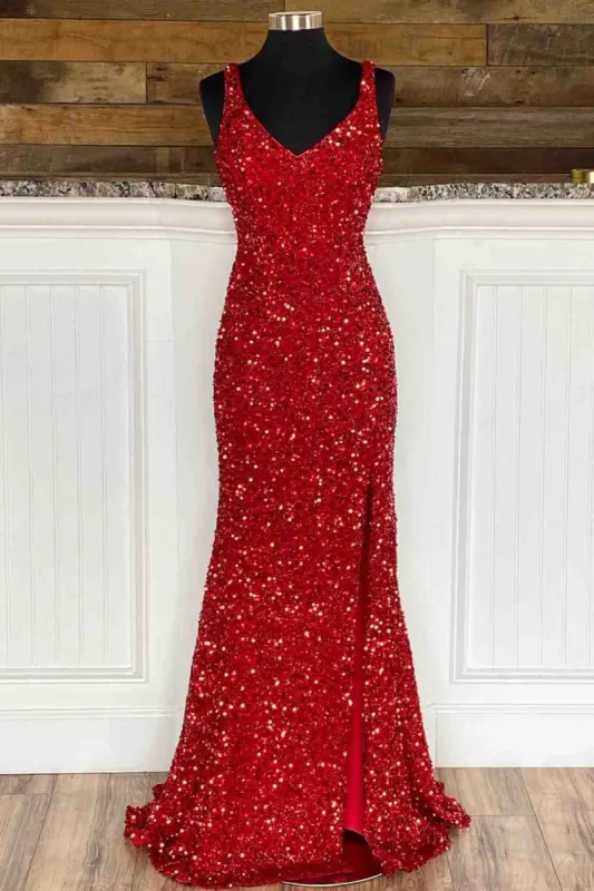 2025 Red Mermaid Cheap Long Prom Gowns Side Slit V-Neck Formal Evening Dress sold by My Chic Dress