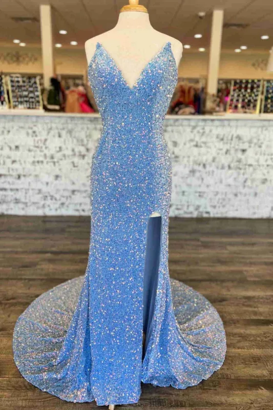 Long Light Blue V-Neck Iridescent Prom Dresses Sequins Cheap Formal Dress with Slit sold by My Chic Dress