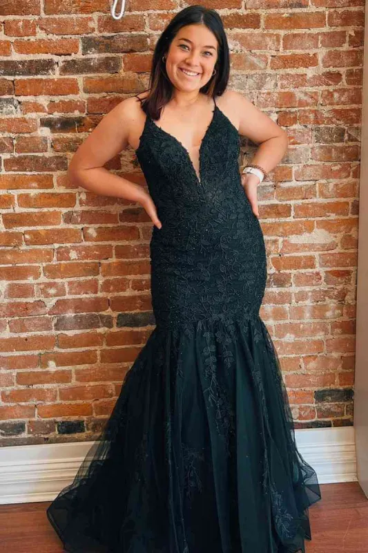 2025 Cheap Long Mermaid Black Prom Dresses Appliques Formal Dress with Cutout Back sold by My Chic Dress