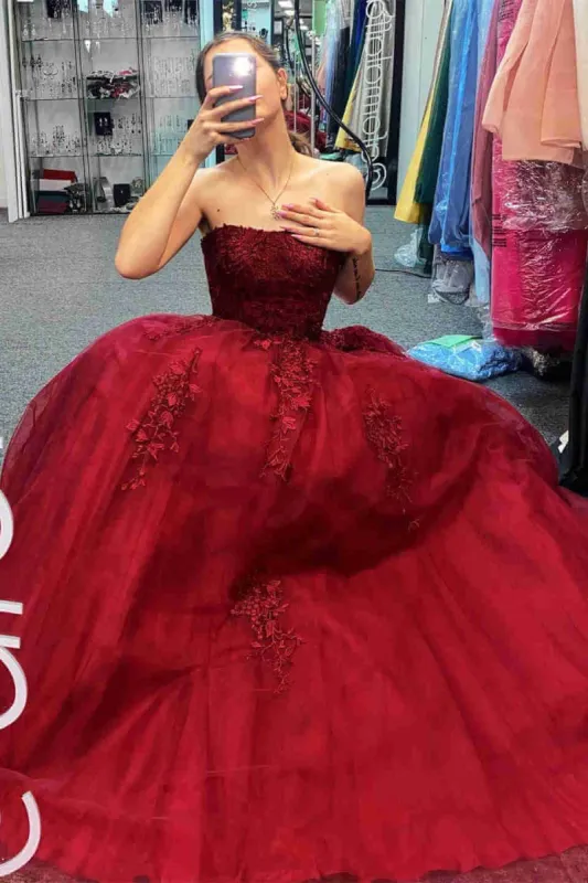 A-Line 2025 Burgundy Lace Prom Dresses Strapless Appliques Long Formal Dress sold by My Chic Dress