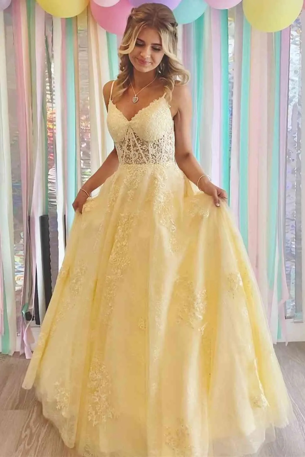 Floor Length Yellow Prom Dresses Lace V-Neck Long Formal Dresses sold by My Chic Dress