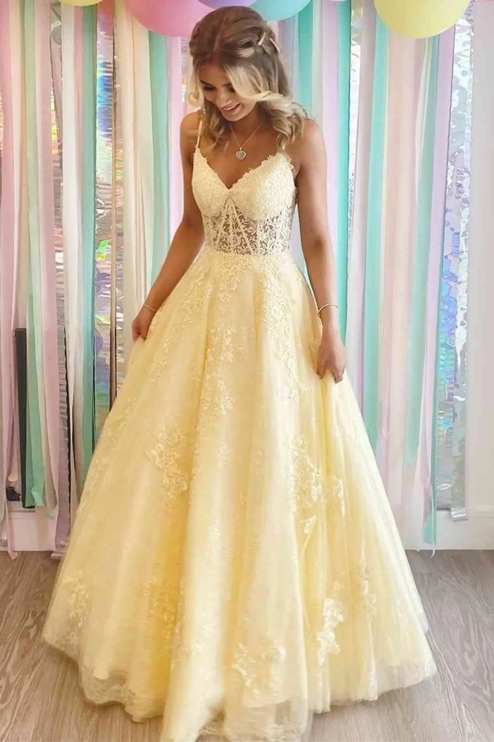 Floor Length Yellow Prom Dresses Lace V-Neck Long Formal Dresses sold by My Chic Dress product image thumbnail 2