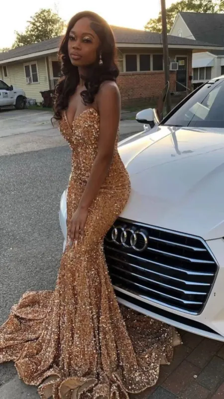Cheap Gold Sequin Iridescent Prom Dresses 2025 Strapless Long Formal Dress sold by My Chic Dress