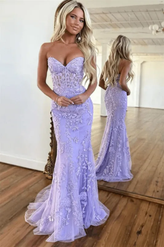 2025 Long Mermaid Purple Lace Prom Dresses Violet Strapless Formal Dress sold by My Chic Dress